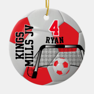 Custom Red and White Personalize Soccer Ball Keramik Ornament