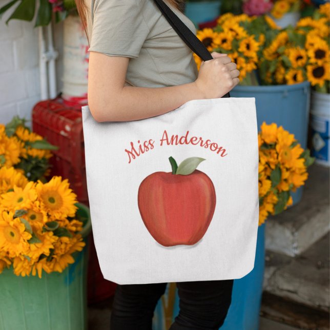 Custom Red Apple Minimalistisch Personalisiert Tea (Teacher watercolor apple personalized tote bag.)