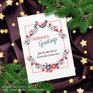 Custom Red Aquamarin Blue Bird & Floral Folk Art W Feiertagskarte