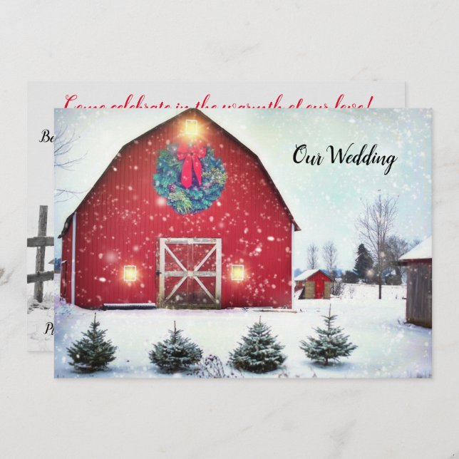 Custom Red Barn Winter Wedding Einladung (Vorne/Hinten)