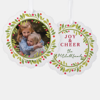 Custom Red Berries Green Leaves Wreath Ornament Karte