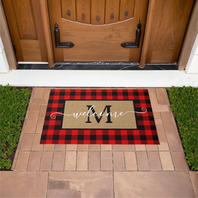 Custom Red Black Buffalo Karo Tartan Muster Fußmatte (Außenbereich)