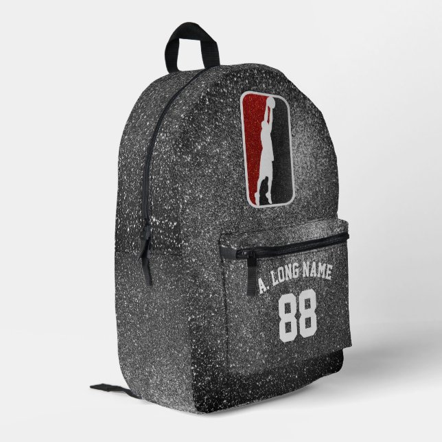 Custom Red & Black Glitter Basketball Player  Bedruckter Rucksack (Rückseitige Ecke links)
