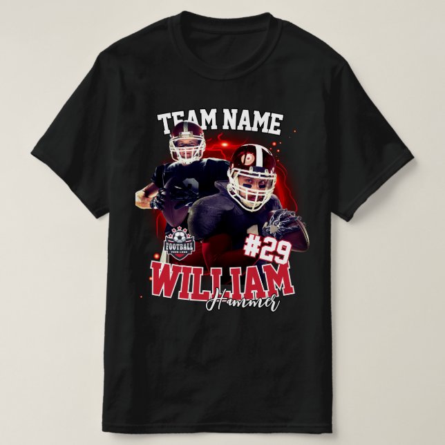 Custom Red Black Two Foto Football Player T-Shirt (Design vorne)