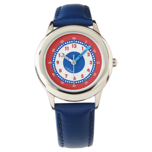 Custom Red & Blue Boys Learning Timepiece | Kinder Armbanduhr (Vorderseite)