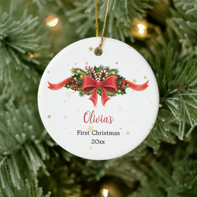 Custom Red Bow First Christmas Ornament (Baum)