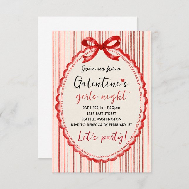 Custom Red Bow Galentines Party Invitation RSVP Karte (Vorne/Hinten)