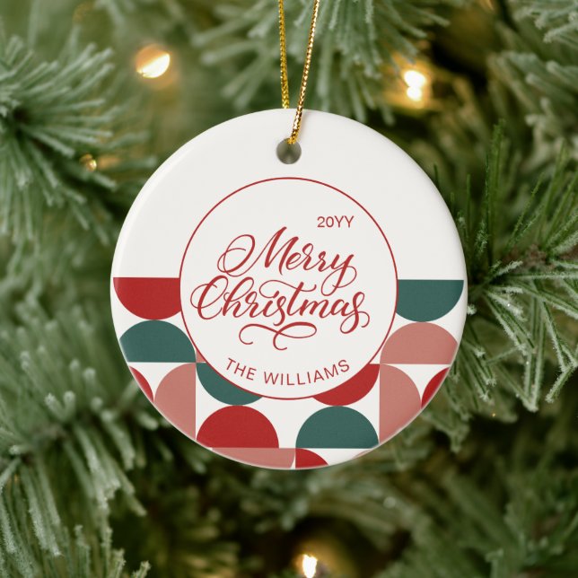 Custom Red Christmas Geometric Pattern Foto Keramik Ornament (Baum)
