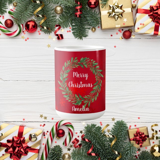 Custom Red Christmas Strumpf und Greenery Kreath Kaffeetasse (Von Creator hochgeladen)