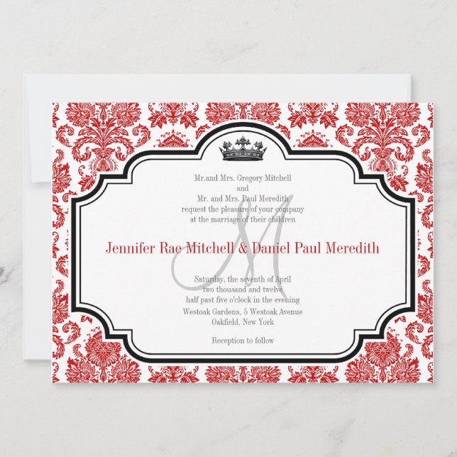 Custom Red Damask Schwarz-weiß Hochzeitseinladunge Einladung (Vorderseite)