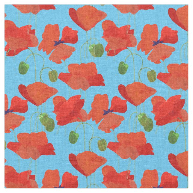 Custom Red Field Poppies Sky Blue Floral Fabric Stoff (Nahaufnahme)