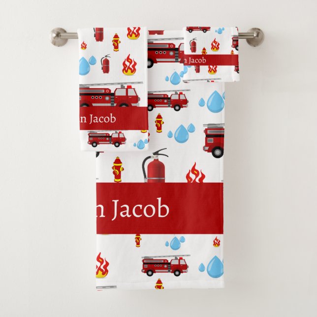 Custom Red Fire Trucks Firetrucks Mustertuch Badhandtuch Set (Insitu)