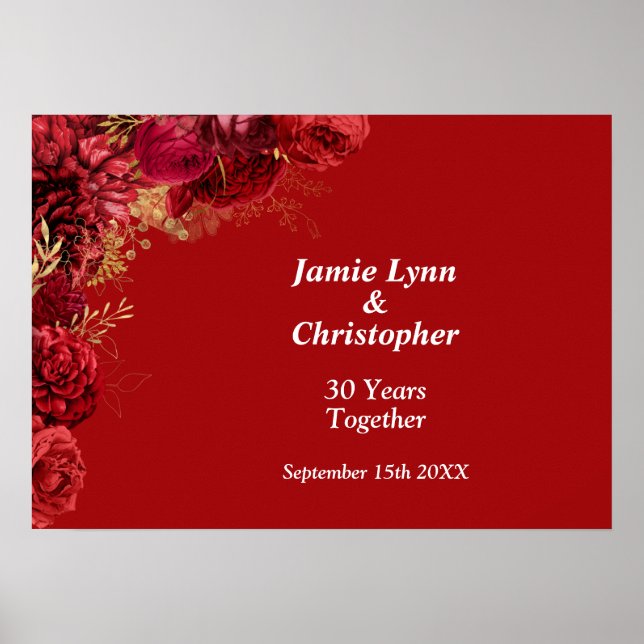Custom Red Floral Wedding Anniversary Poster (Vorne)