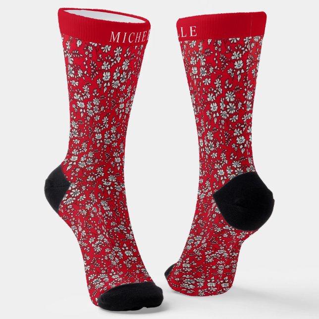 Custom Red Floral White Christmas Blume Socken (Gewinkelt)
