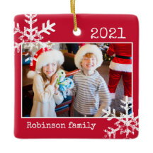 Custom Red Foto Border White Snowflakes Holiday