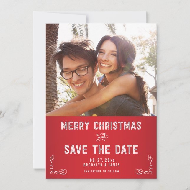 Custom Red Foto Save the Date Weihnachtskarten (Vorderseite)