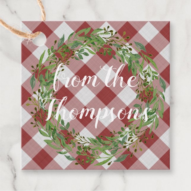 Custom Red Gingham Stripes and Wreath Motif on Geschenkanhänger (Vorderseite)