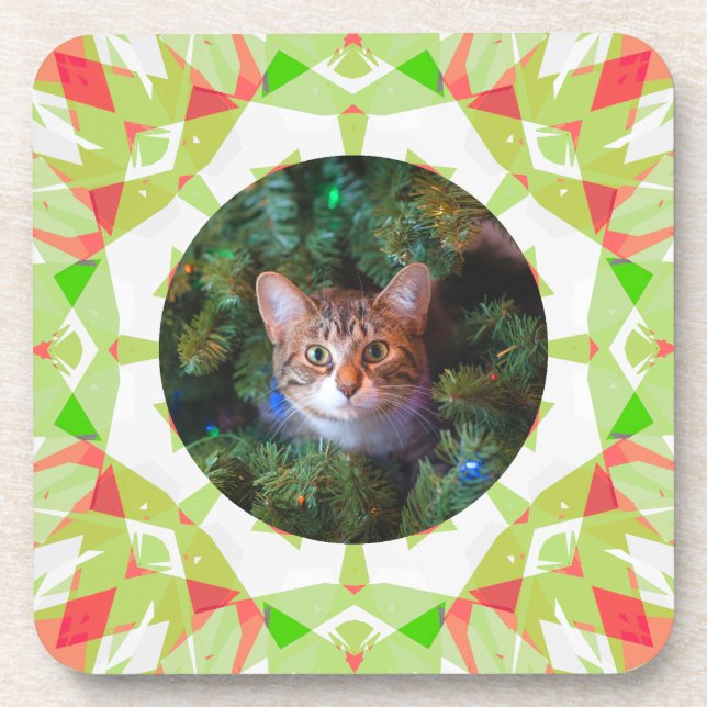 Custom Red Green Orange Frohe Weihnachtsmann Foto Getränkeuntersetzer (Vorderseite)