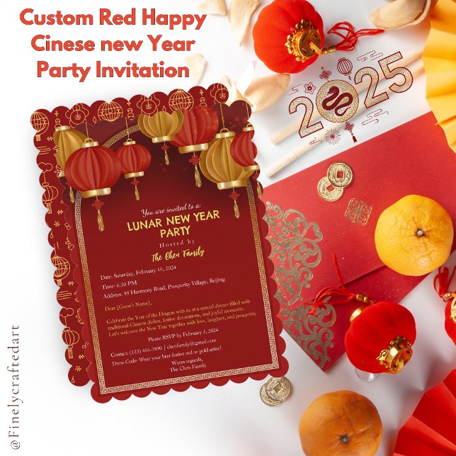 Custom Red Happy Cinese New Year Party Einladung (Von Creator hochgeladen)
