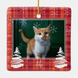 Custom Red Kariert Christmas Family Foto and Pet Keramikornament