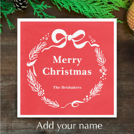 Custom Red Modern Hand Drawn Bow Merry Christmas Serviette