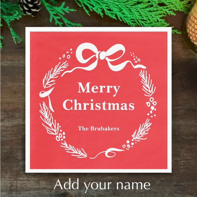 Custom Red Modern Hand Drawn Bow Merry Christmas Serviette (Personalize this festive red hand drawn pine and bow doodle Merry Christmas napkin. My original art.)