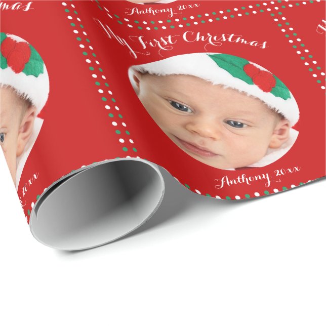 Custom Red My First Christmas Wrapper Geschenkpapier (Rolleneckpunkt)
