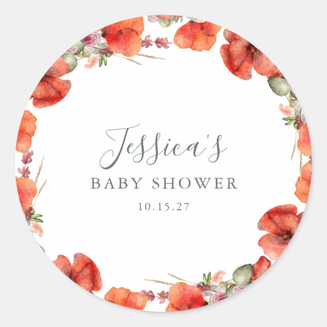 Custom Red Poppy Garden Floral Baby Dusche Runder Aufkleber (Vorderseite)
