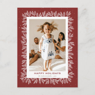 Custom Red Rustic Pine Snow Foto Happy Feiertagspostkarte