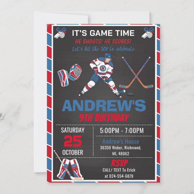Custom RED Simple Hockey Birthday Invitation Einladung (Vorderseite)