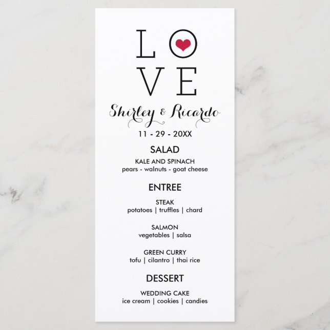 Custom Red Simple Liebe Wedding Menu Menükarte (Vorderseite)