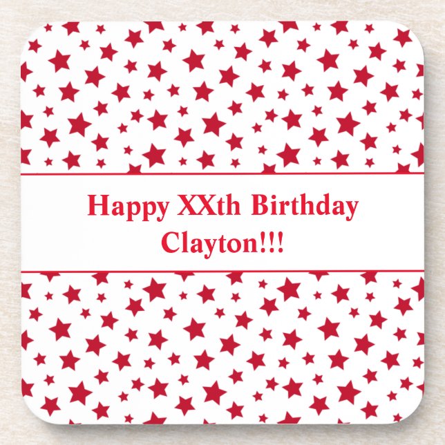 Custom Red Stars mit Message Birthday Party Getränkeuntersetzer (Vorderseite)