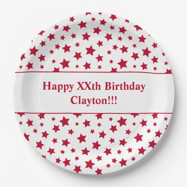 Custom Red Stars mit Message Birthday Party Pappteller (Vorderseite)