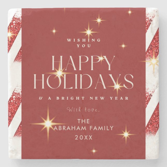 Custom Red Stripes fesseln glückliche Ferien Steinuntersetzer (Vorderseite)