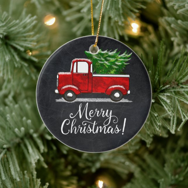 Custom Red Truck Frohe Weihnachtsland Keramik Ornament (Baum)