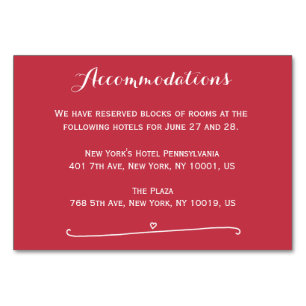 Custom Red Wedding Unterkunft Cards Herz Tischnummer