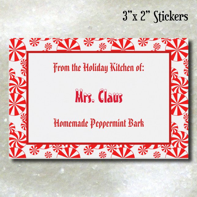 Custom Red White Holiday Peppermint Pattern Food L Lebensmitteletikett (Peppermint Candy Pattern Editable Sticker)
