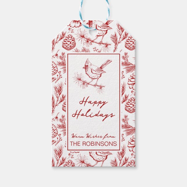 Custom Red & White Winter Kardinal Happy Holidays Geschenkanhänger (Vorderseite)