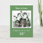 Custom Relationship, Age, Son-in-Law 35th Birthday Karte<br><div class="desc">This humorous green card shows frogs sitting around drinking beer. Ändere die Relationship and age to fit the birthday you want to toast!</div>