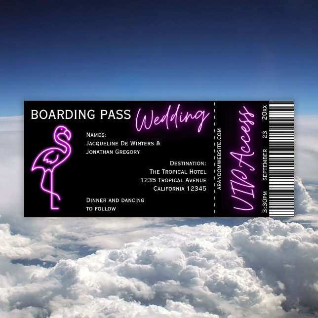 Custom Retro Boarding Pass Neon Flamingo Wedding Einladung (Von Creator hochgeladen)