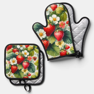 Custom Retro Boho Floral Strawberry Berry Ofenhandschuh & Topflappen-Set