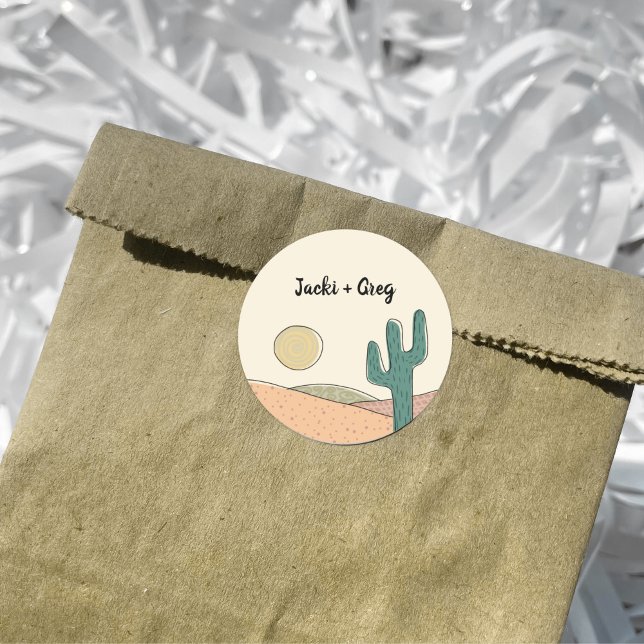 Custom Retro Boho Wüste Cactus Wedding Runder Aufkleber (Von Creator hochgeladen)