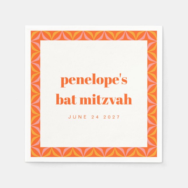 Custom Retro Bright Orange Border Bat Mitzvah Serviette (Vorderseite)
