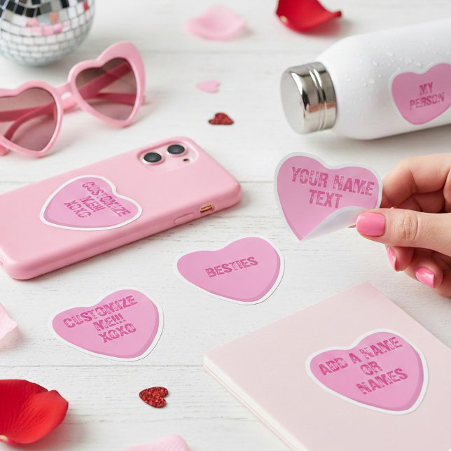 Custom Retro Candy Heart 4 Pink Vinyl Stickers Aufkleber (Set of 4 pink candy heart vinyl stickers for you to personalize. Available in 5 different sizes)