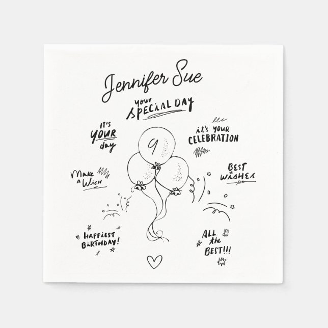 Custom Retro Doodle Modern Balloon Happy Birthday Serviette (Vorderseite)