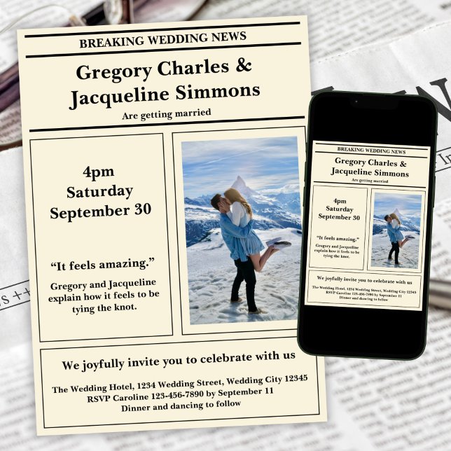 Custom Retro Elegante Newspaper Foto Quote Wedding Einladung (Von Creator hochgeladen)