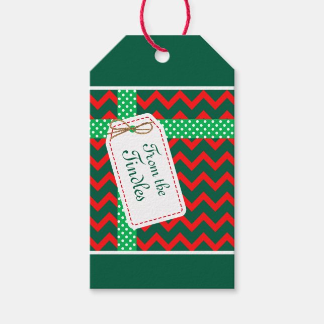 Custom Retro Imitats Velvet Red Zig Zag Green Ribb Geschenkanhänger (Vorderseite)