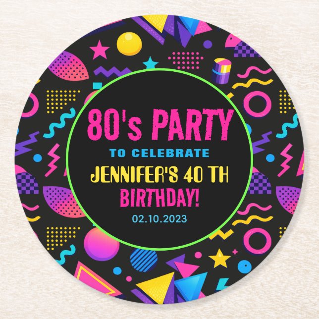 Custom Retro Neon 80’s Birthday – Fun Adult  Runder Pappuntersetzer (Vorderseite)