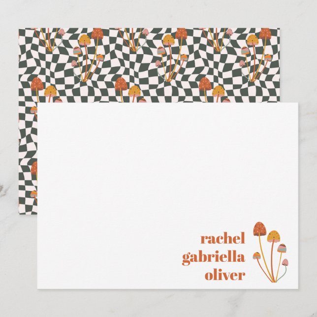 Custom Retro Orange Mushroom Checkerboard Mitzvah Dankeskarte (Vorne/Hinten)