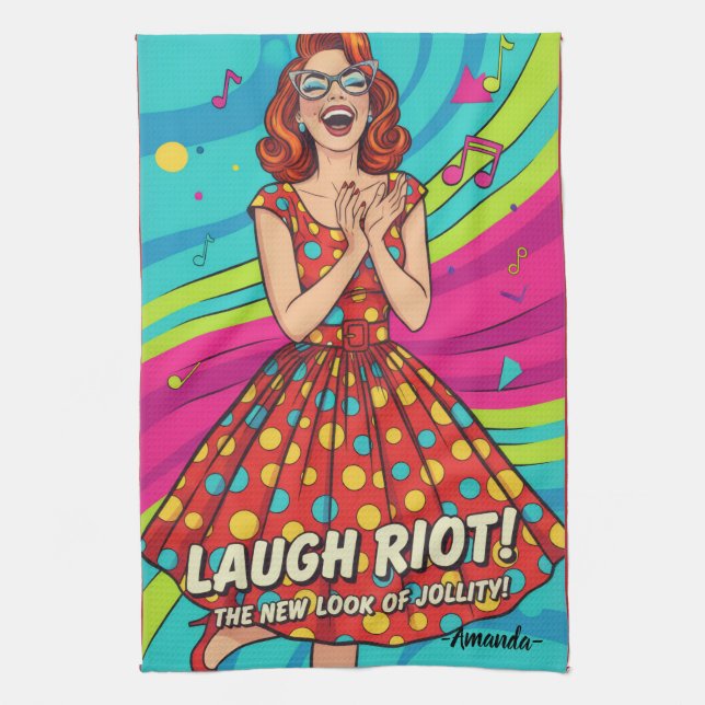 Custom retro painting laughing lady Jolly Red Geschirrtuch (Vertikal)